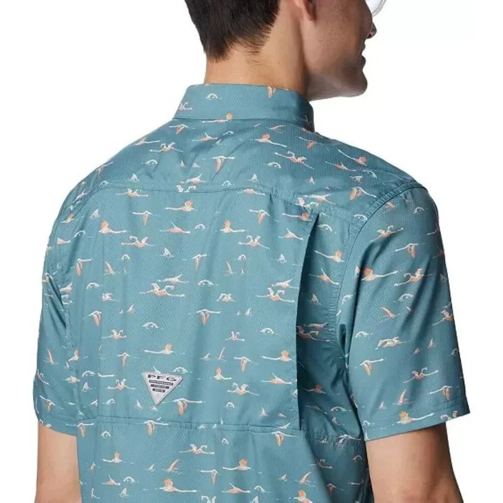 Columbia Mens PFG Super Slack Tide Short Sleeve Shirt Teal Tailfins Print Medium
